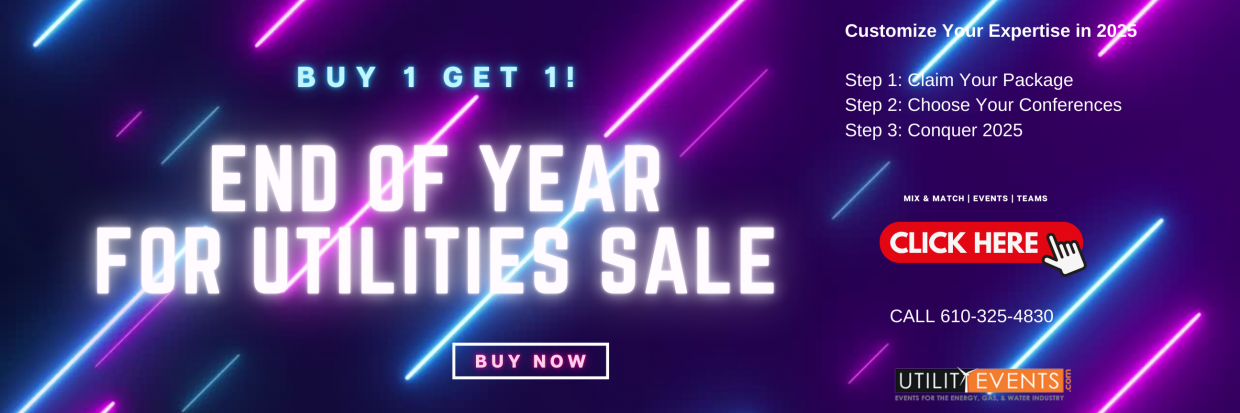 "End of year utilities sale" banner ad with neon pink and blue accents. The ad promotes a "Buy 1 Get 1" offer for utility events and conferences in 2025.  It encourages users to "Customize Your Expertise in 2025" by claiming a package, choosing conferences, and conquering the new year.  There's also a "Click Here" button and a phone number to call for more information.